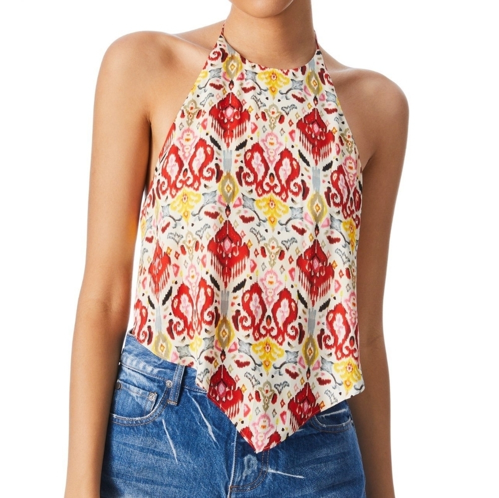 Alice + Olivia Colorful Printed Silky Open Back Frenchie Handkerchief Halter Top